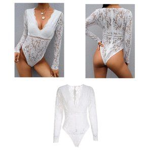 White Deep V-Neck See Through Skinny Lace Bodysuit